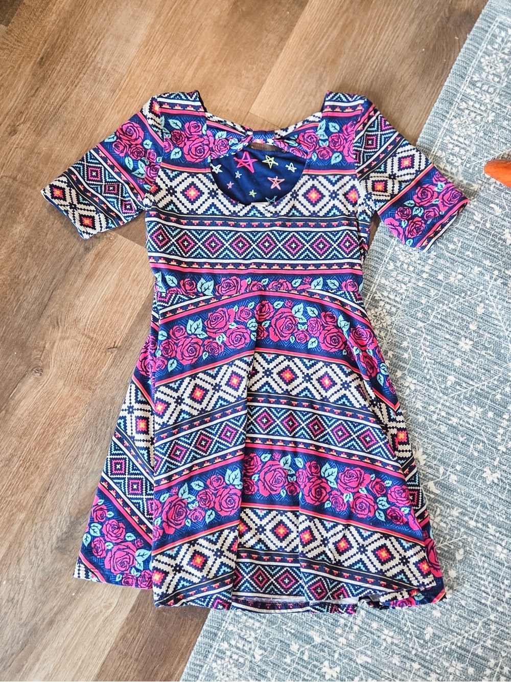 Girls Floral & Geometric Print Skater Dress - Pink & Navy
